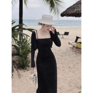 Đầm váy thiết kế nữ hai dây maxi kèm áo khoác chất ren thun thời trang mặc đi biển, đi chơi sang chảnh mẫu y như hình