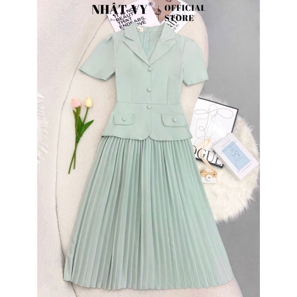 Đầm Nhật Vy cổ vest nút bọc phối dập ly chất lụa phù hợp công sở dự tiệc thanh lịch - D3035