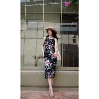 Fleurdress màu đen xanh lá - váy hoa nhí ôm dáng xè tà có xếp ly che bụng Emera