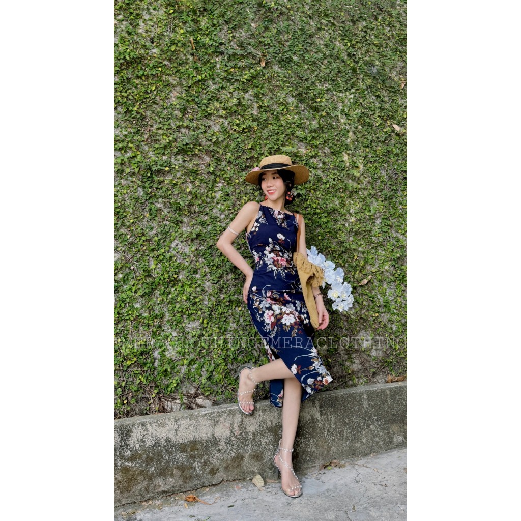 Fleurdress màu xanh Knavy - váy hoa nhí ôm dáng xè tà có xếp ly che bụng Emera