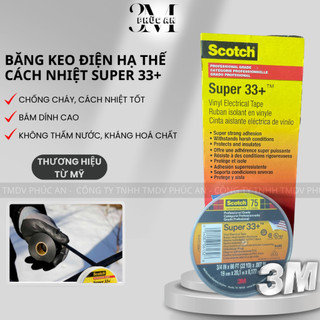 Băng keo điện 3M Scotch Super 33+ màu đen, cách điện, chịu nhiệt cao, bám dính tốt.