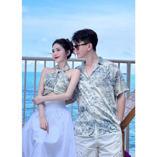 Set Đồ Đôi Hoa phối màu siêu sang_Áo sơ mi nam + set nữ áo và chân váy_ Đồ đôi đi biển đẹp T2Couple 🫶