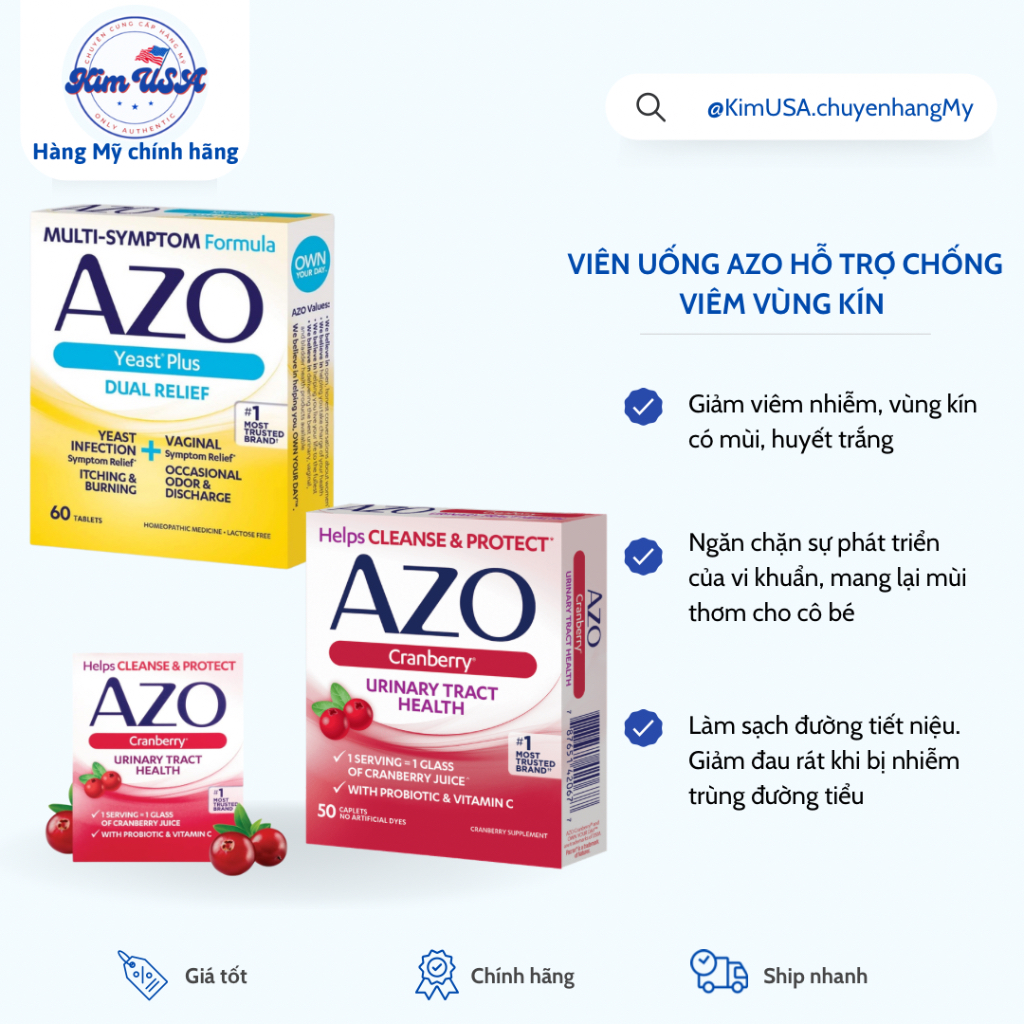[Hàng Mỹ] Viên uống Azo đỏ, Azo vàng làm sạch vùng kín, ngăn ngừa viêm nhiễm, giảm mùi hôi, khí hư