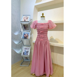 (Có sẵn) Maxi nhún dáng dài đính nơ xinh xắn tiêu thư-KATY dress
