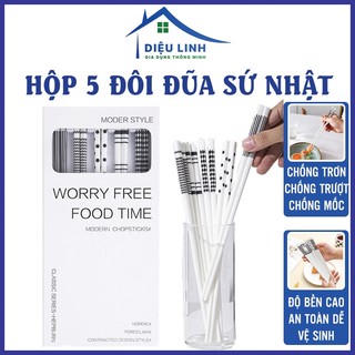 Đũa sứ nhật hộp 5 đôi đũa sứ phong cách nhật bản cao cấp, đũa ăn cơm không nấm mốc dieulinhshop