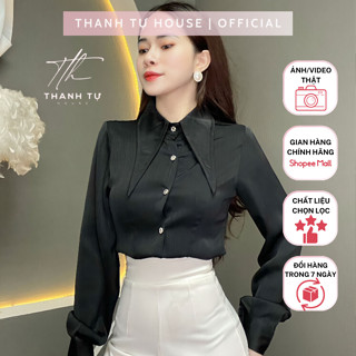 A290 Áo Somi Lụa Thiết Kế Cổ Cách Điệu Tay Dài Đính Cúc Ngọc - Thanh Tự