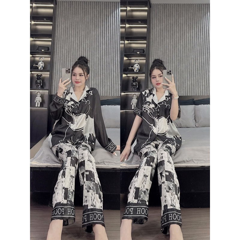 Bộ ngủ mặc nhà pijama gấu ô lụa xước sam