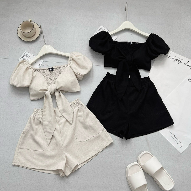 [S2.754] Set Linen Tiêu 2 Lớp Áo Thắt Nơ Ngực Có Đệm Mix Quần Đùi 2 Lớp Cạp Chun 2 Màu | BigBuy360 - bigbuy360.vn