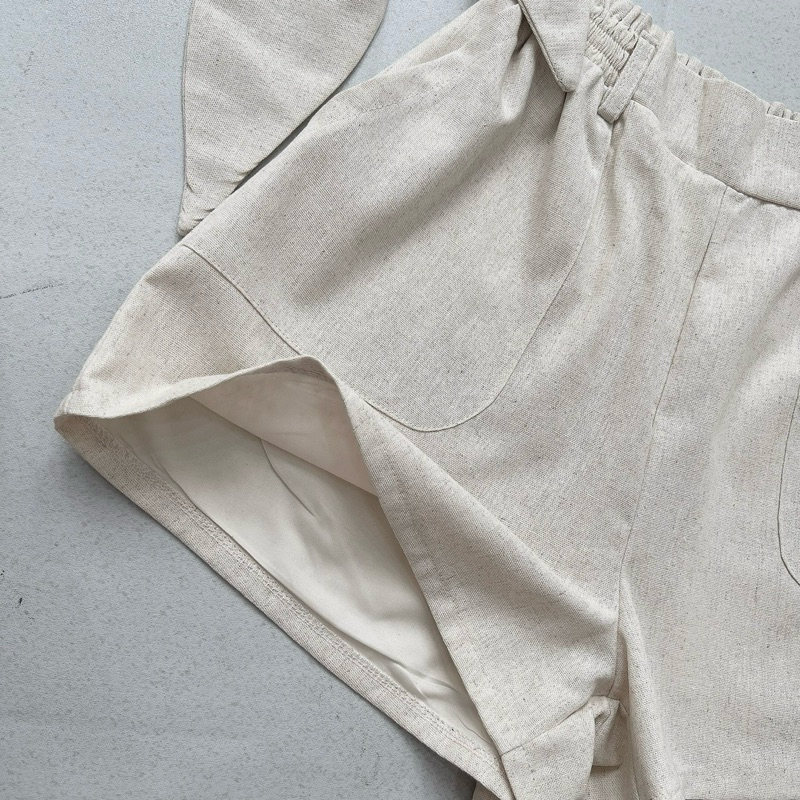 [S2.754] Set Linen Tiêu 2 Lớp Áo Thắt Nơ Ngực Có Đệm Mix Quần Đùi 2 Lớp Cạp Chun 2 Màu | BigBuy360 - bigbuy360.vn