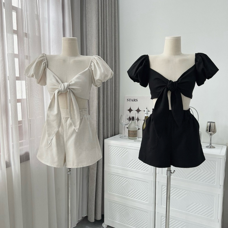 [S2.754] Set Linen Tiêu 2 Lớp Áo Thắt Nơ Ngực Có Đệm Mix Quần Đùi 2 Lớp Cạp Chun 2 Màu | BigBuy360 - bigbuy360.vn