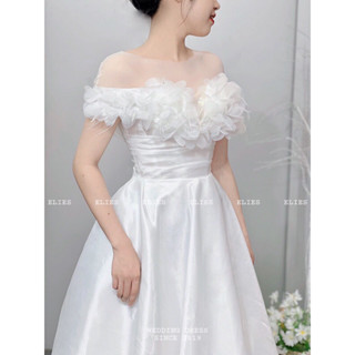 ELIES đầm cưới đi bàn, báo hỷ trễ vai xếp ly ngực nẹp corset đan dây màu trắng