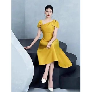 Váy tafta lệch nơ vai dáng dài cao cấp