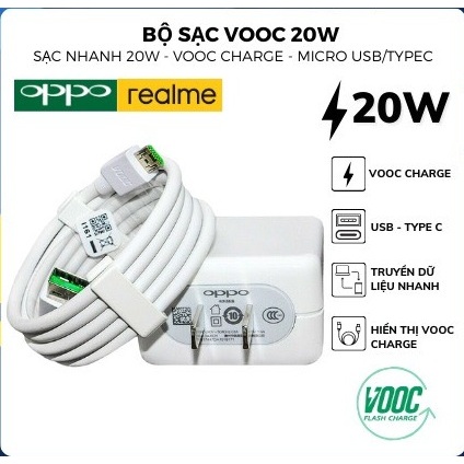  Combo Bộ Cục Củ Sạc Và Dây Cáp Sạc VOOC Oppo 20W Usb Type C Micro Dây dài 1 mét dùng cho oppo samsung xiaomi vivo 
