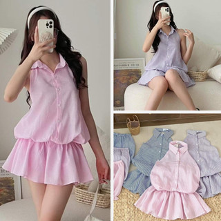 Set Áo Yếm Kẻ Sọc Hở Lưng Dáng Bí Bồng Xoè Kèm Quần Chất Xốp, Labibi