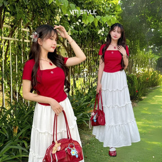 Áo thun nữ VMSTYLE croptop ôm tay ngắn cổ U thêu hoa đơn giản đi chơi, dạo phố, đi biển ATU00676