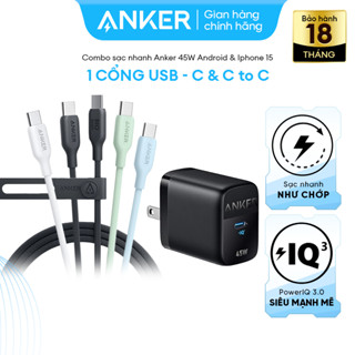 Combo sạc nhanh Anker cho Android & Iphone 15 series - Củ 45W 1C A2643 & Cáp 544 CtoC A2643 + A80F1/2