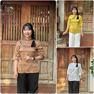 Đồ lam đi chùa nữ chất vải lụa gấm hải đường Thiên Di - Pháp phục đi chùa nữ cao cấp cho phật tử D09