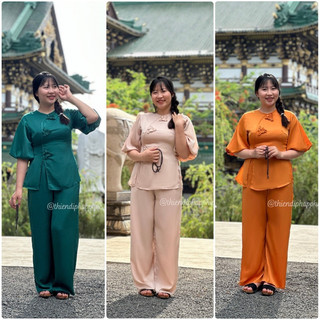 Bộ đồ lam đi chùa nữ chất lụa tuyết nhung nút hoa tay bồng Thiên Di - Pháp phục đi chùa nữ cao cấp dành cho phật tử D01