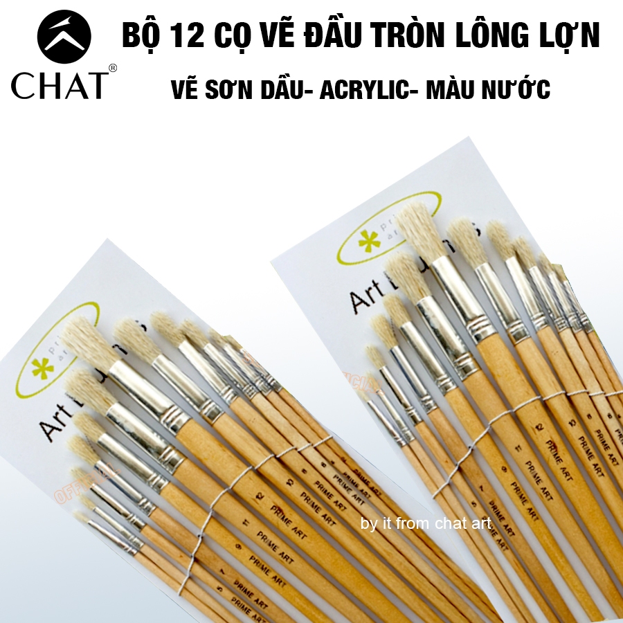 Bộ 12 cây Cọ vẽ tranh sơn dầu Sunway Đầu Tròn Lông Lợn, chuyên vẽ tranh sơn dầu, tranh tường