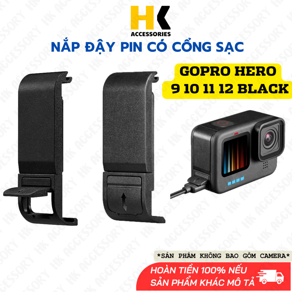 Nắp đậy pin Gopro 12 11 10 9 Black hở cổng sạc Type C tiện lợi