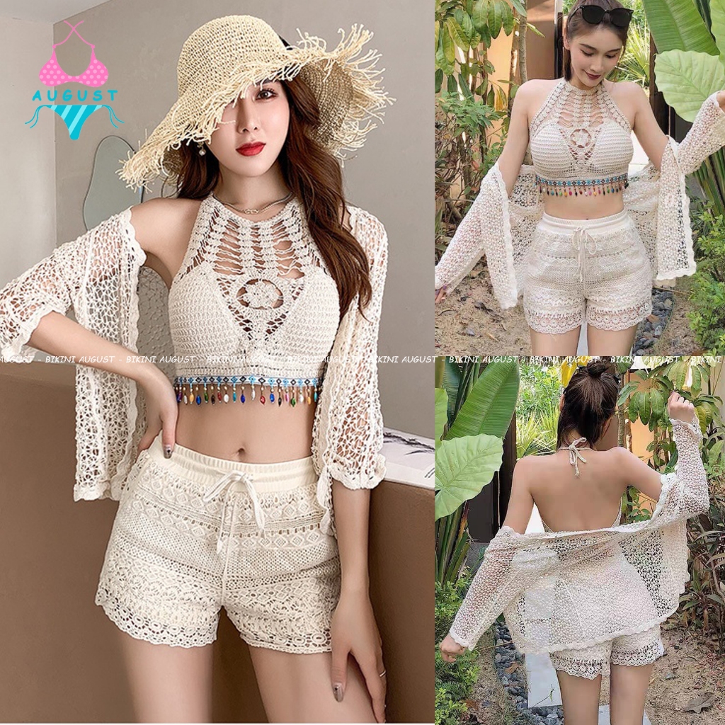 Đồ bơi nữ bikini 3 món ren móc len sợi quảng châu bra cổ yếm áo khoác lưới áo choàng đi biển | BigBuy360 - bigbuy360.vn