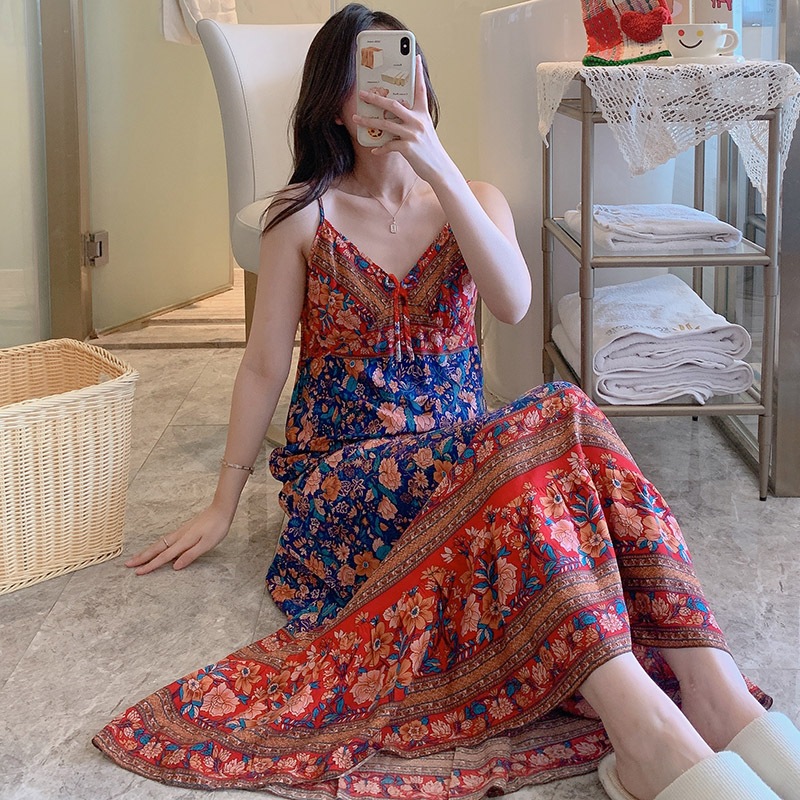 Đầm 2 dây suông dài maxi mặc nhà váy 2 dây suông dài mặc ngủ họa tiết xinh mùa hè