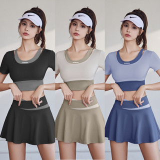Bộ tập gym nữ [YUNA 55] Chân váy 2 lớp co giãn nâng hông, Áo tập Gym thoáng mát kèm lót ngực