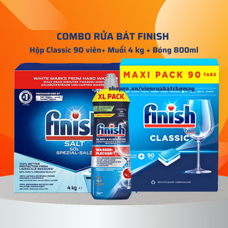 Combo rửa chén Hộp viên rửa bát finish 90 viên + Muối Finish 4kg + Bóng Finish 800ml dùng cho máy rửa bát