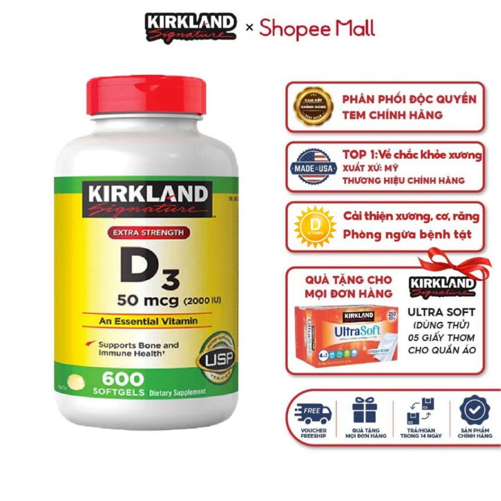 Vitamin D3 2000IU tăng sức đề kháng Kirkland Signatue giúp hấp thụ Canxi, xương chắc khỏe lọ 600 viên