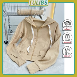 Áo khoác nữ thun gân form rộng có mũ chống nắng cao cấp ấn tượng, túi trong tiện lợi - Tulibs