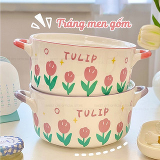 ⚡HOT⚡ Bát sứ hoạ tiết hoa Tulip có quai xách kèm nắp đậy Đa Năng, Tiện ích