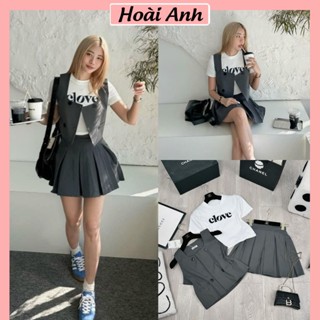  Set Bộ Đồ Nữ 3 Món CLOVE Áo Phông Trắng Dáng Lỡ Kèm Gile Kaki 2 Da Xám Mix Chân Váy Xếp Ly Freesize 