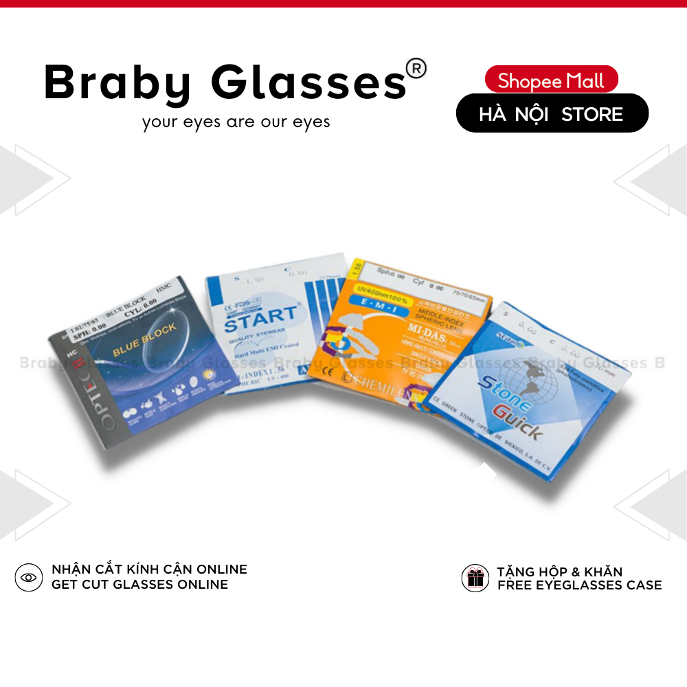 Mắt kính cận, viễn, lão, loạn Braby Glasses tròng kính lọc ánh sáng xanh, đổi màu ra nắng, chống uv