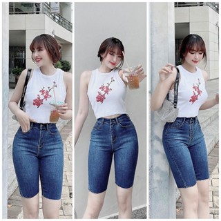 Quần Jeans Ngố BigSize Dáng Lửng Ngang Gối Phom Ôm Lưng Cao Co Dãn Mạnh Màu Xanh Đậm Trơn Rẻ Đẹp 4465 Moli Jean Denim