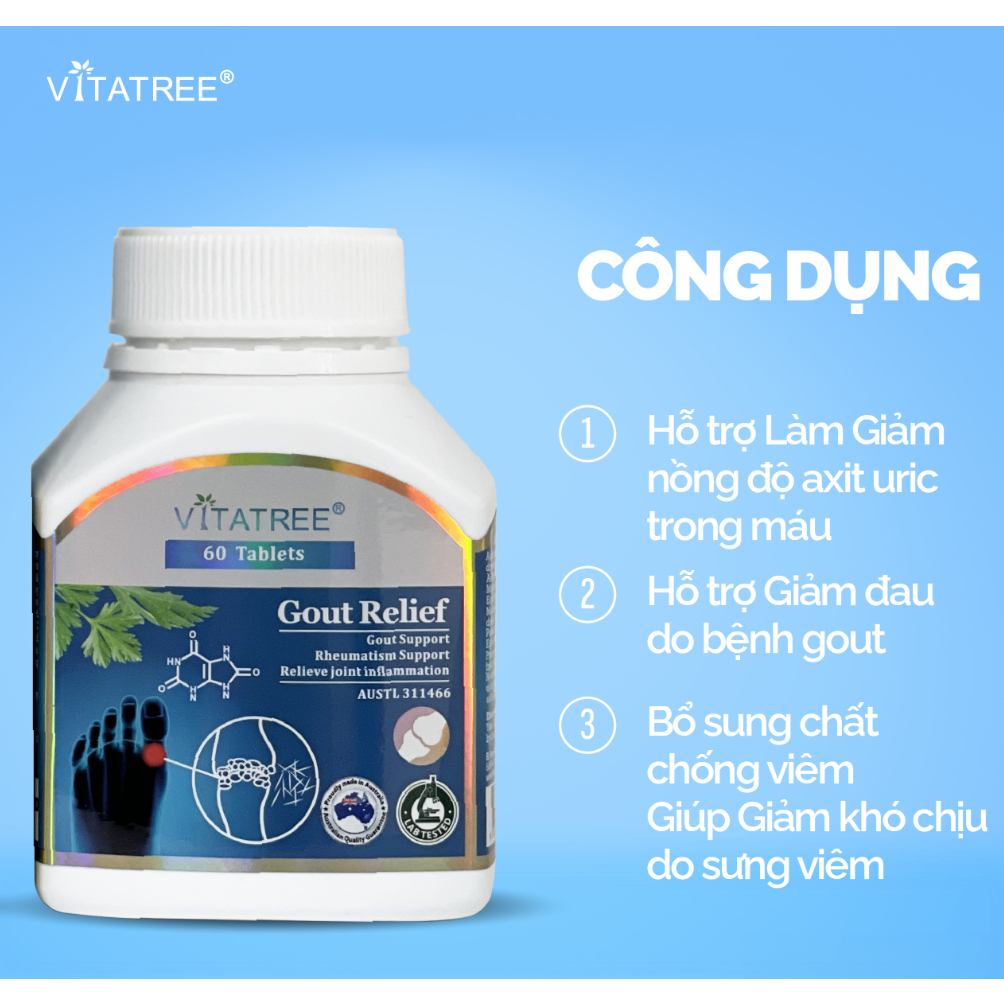 Viên uống hỗ trợ gout Vitatree Gout Relief giảm đau khớp 60 Viên