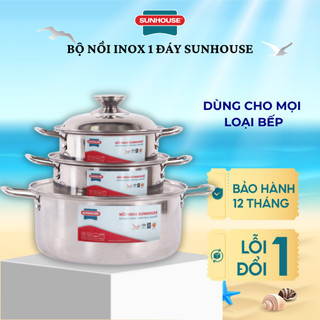 Bộ 3 nồi inox 1 đáy chính hãng Sunhouse SH224, kích thước 16,18,24cm dùng cho mọi loại bếp