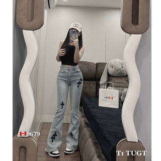 Quần jeans ống loe họa tiết chữ thập, quần loe bò denim chữ thập mẫu mới QCCC LuciK Shop QD0075 0679
