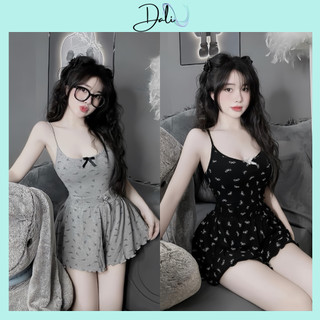 Set Bộ Ngủ 2 Món Gồm Áo 2 Dây + Quần Short Xoè In Hoạ Tiết Nơ Nhỏ