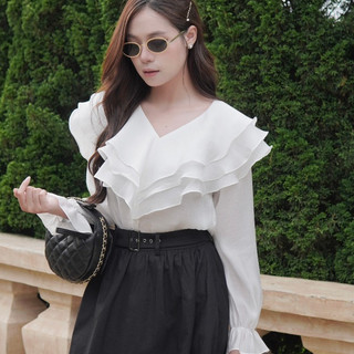  Áo sơ mi nữ Calia Shirt cổ v nơ bèo tiểu thư, Áo kiểu nữ cách điệu chất tơ crep mềm rủ AVNT042404