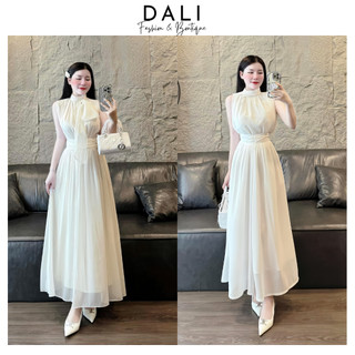Váy Voan Dáng Xoè Maxi Cổ Trụ Đính Nơ Cổ Bo Eo, Đầm Dự Tiệc Tiểu Thư Sang Chảnh