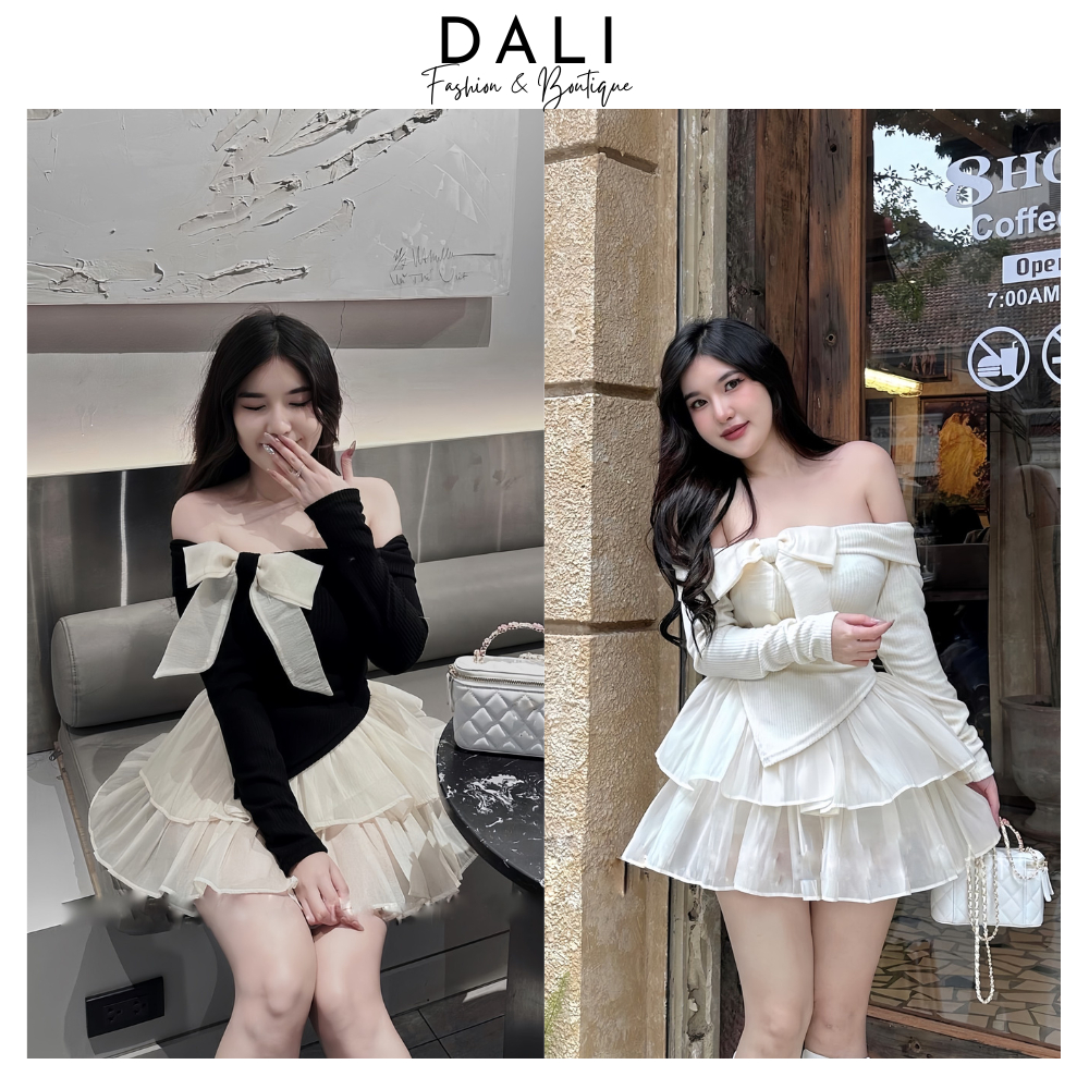 Set Bộ Áo Trễ Vai Đính Nơ Vạt Nhọn Bo Tăm + Chân Váy Voan Tơ 2 Tầng Có Quần Trong Sang Chảnh