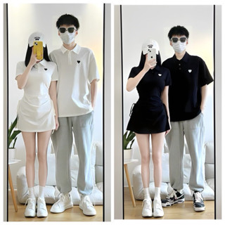 ♠️ (Có 3XL nam) Váy thun đôi cổ bẻ polo nam nữ rút dây hai bên tôn dáng trang trí tim dễ thương ♠️