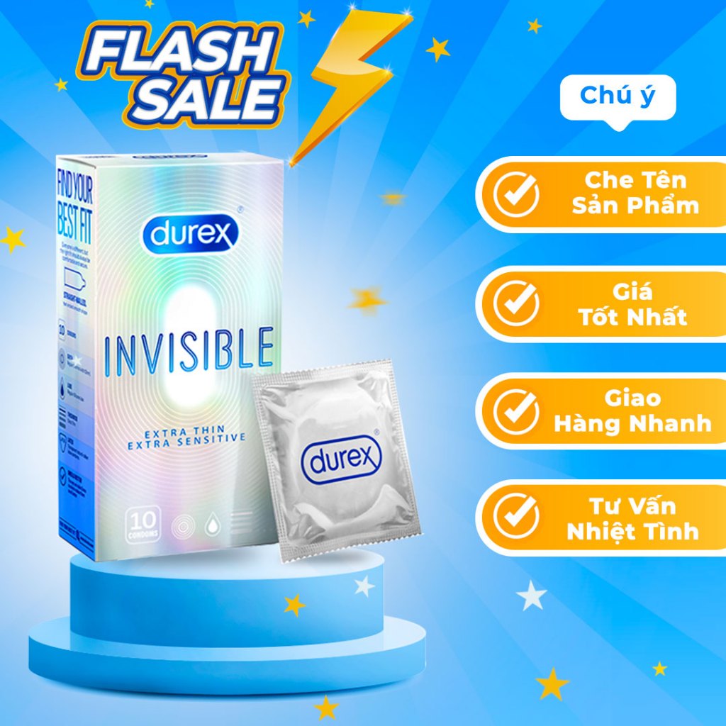 Bao cao su Durex Invisible siêu mỏng, size 52mm, hộp 10 bao [Auto che tên]