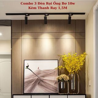 Combo 3 đèn rọi ống bơ 10w + thanh ray 1,5m - đèn rọi ray cob trang trí decor, soi tranh
