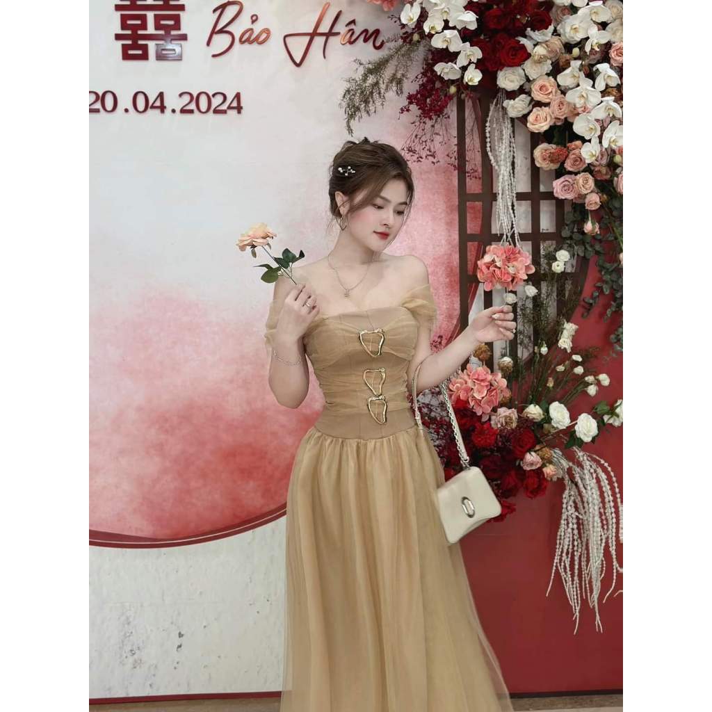 Đầm dự tiệc xòe trễ vai tay lưới đính khoen Royal Dress | BigBuy360 - bigbuy360.vn