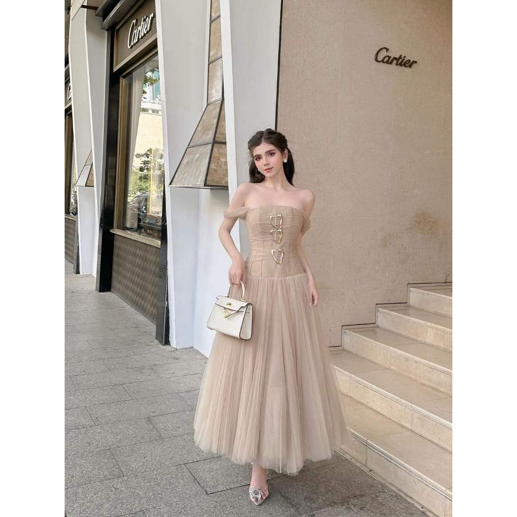 Đầm dự tiệc xòe trễ vai tay lưới đính khoen Royal Dress | BigBuy360 - bigbuy360.vn