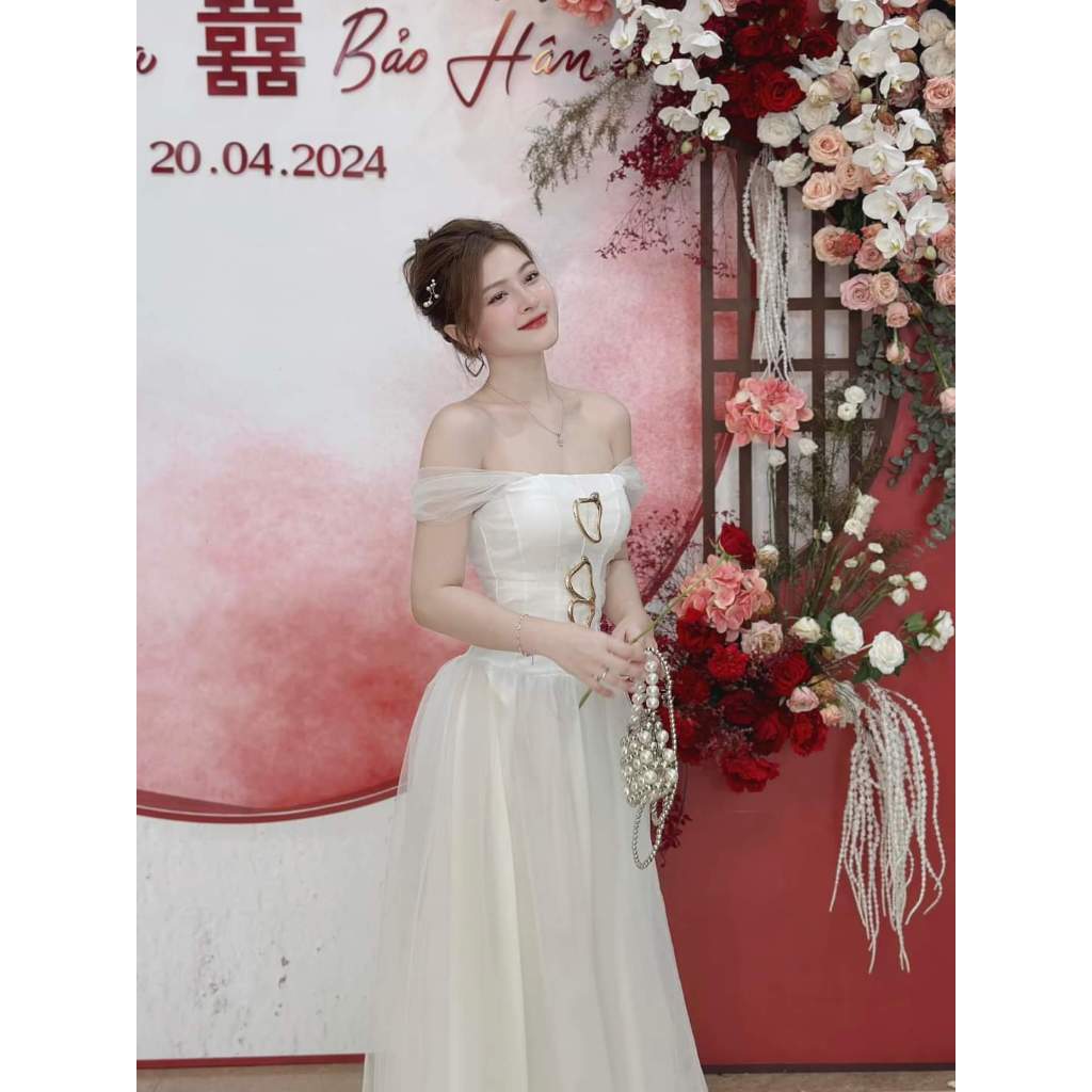 Đầm dự tiệc xòe trễ vai tay lưới đính khoen Royal Dress | BigBuy360 - bigbuy360.vn