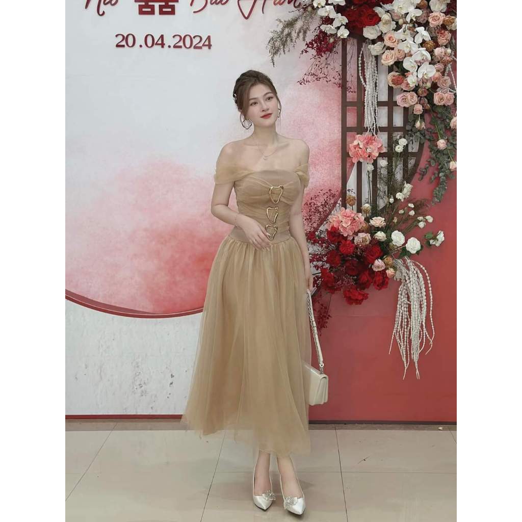 Đầm dự tiệc xòe trễ vai tay lưới đính khoen Royal Dress | BigBuy360 - bigbuy360.vn