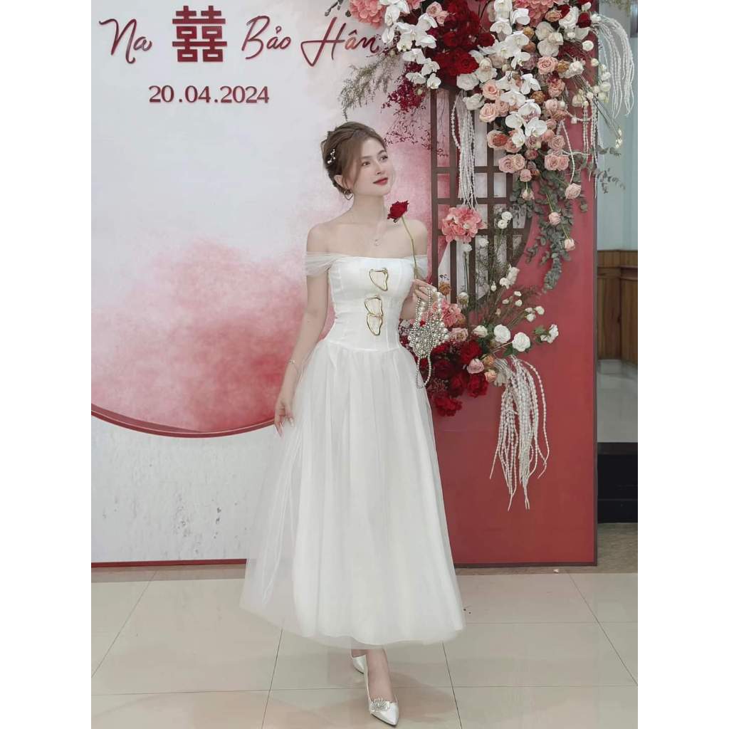 Đầm dự tiệc xòe trễ vai tay lưới đính khoen Royal Dress | BigBuy360 - bigbuy360.vn