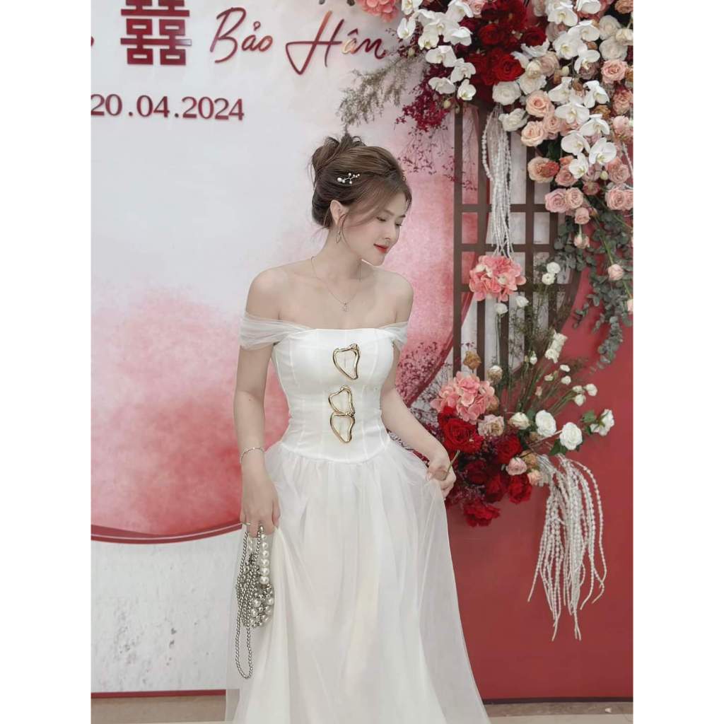 Đầm dự tiệc xòe trễ vai tay lưới đính khoen Royal Dress | BigBuy360 - bigbuy360.vn